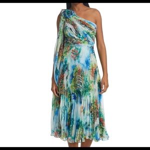 Marchesa Notte Women’s Painterly One-Shoulder Midi Dress Sz 12 NWT